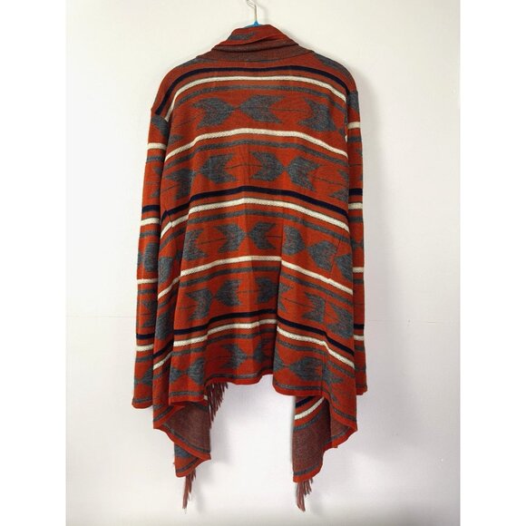 Say What Aztec Southwestern Fringe Cardigan L Boho Western Burnt Orange USA Fall - Picture 2 of 6